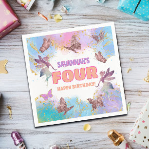 Butterflies Fairy Gold Glitter 4th Birthday Party Napkins