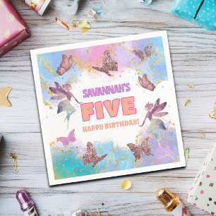 Butterflies Fairy Gold Glitter 5th Birthday Party Napkins
