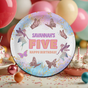 Butterflies Fairy Gold Glitter 5th Birthday Party Paper Plates