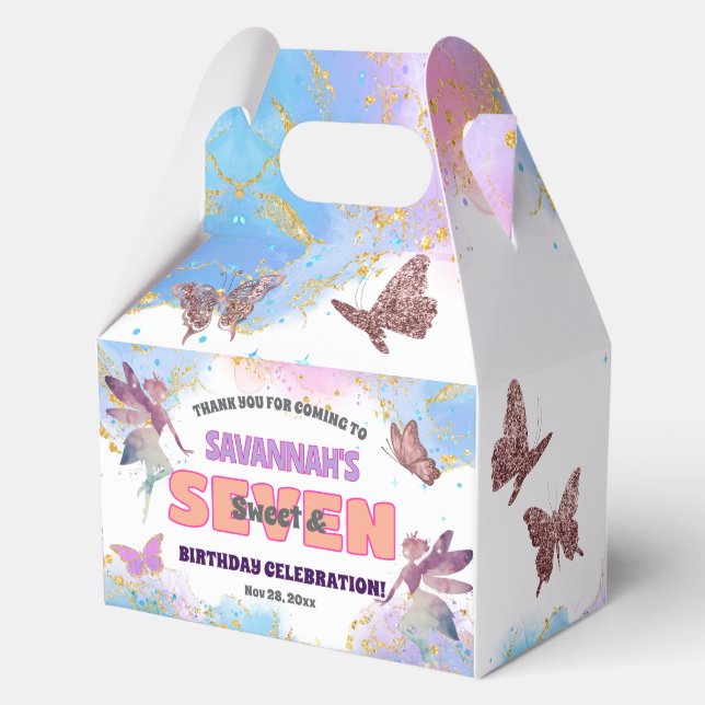 Butterflies Fairy Gold Glitter 7th Birthday Party Favor Boxes (Front)