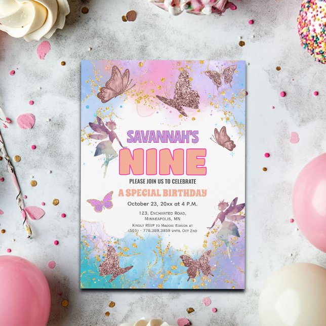 Butterflies Fairy Gold Glitter 9th Birthday Party Invitation (Creator Uploaded)