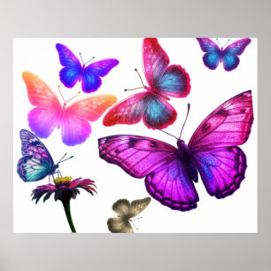Butterflies Feeding and Flying Around on Colorful Poster