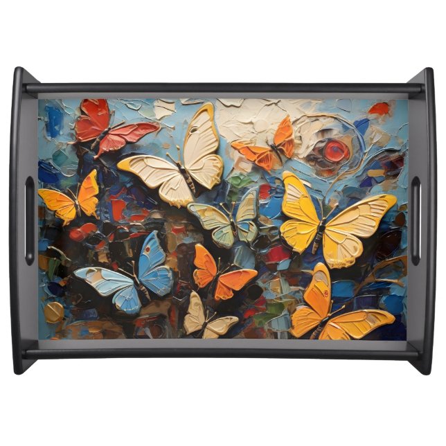 Butterflies Flies Among Vibrant Nature Painting Serving Tray (Front)