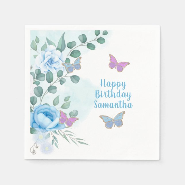  Butterflies Floral Blue Purple Gold Birthday  Napkins (Front)