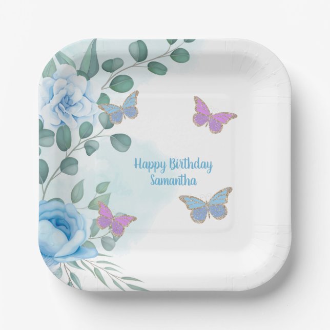  Butterflies Floral Blue Purple Gold Birthday  Paper Plates (Front)