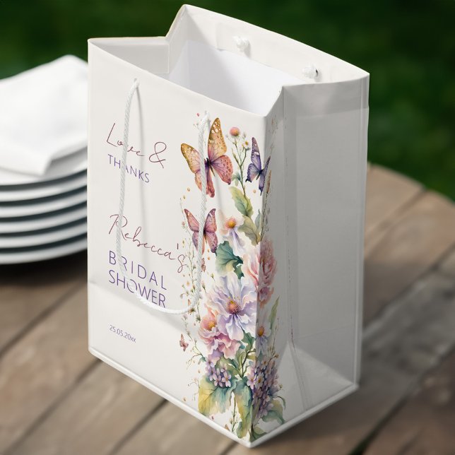 Butterflies floral bridal shower favors medium gift bag (Butterflies enchanted garden floral bridal shower favors personalized printed medium favor gift bag)