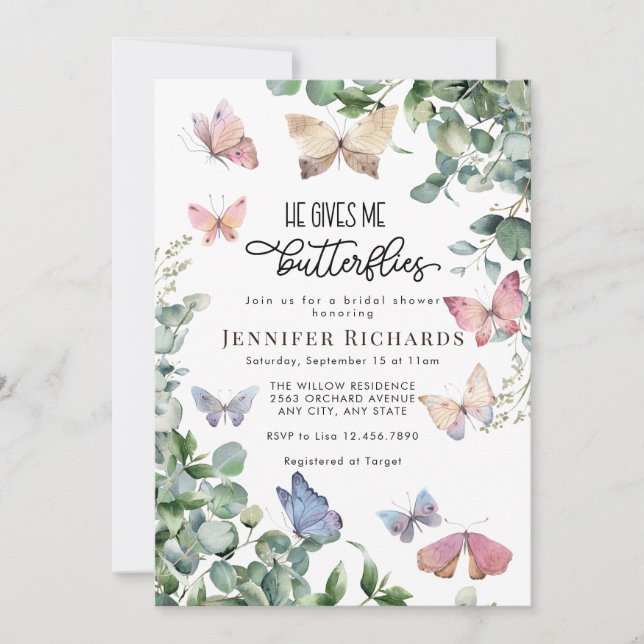 Butterflies Floral | Eucalyptus Bridal Shower  Invitation (Front)