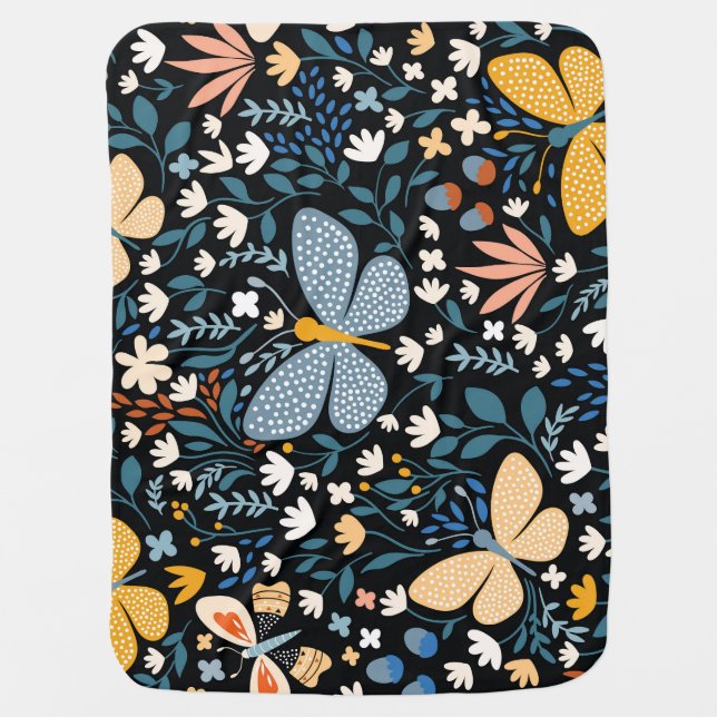Butterflies Floral: Hand Drawn Seamless. Baby Blanket (Front)