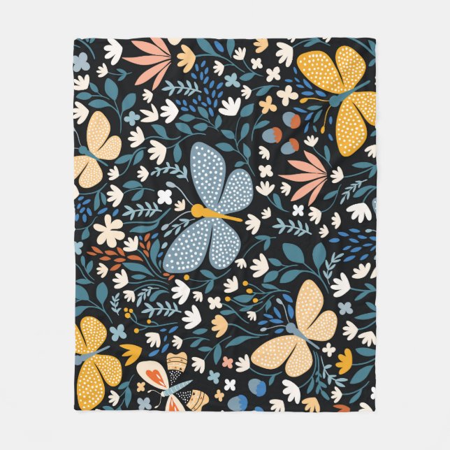 Butterflies Floral: Hand Drawn Seamless. Fleece Blanket (Front)