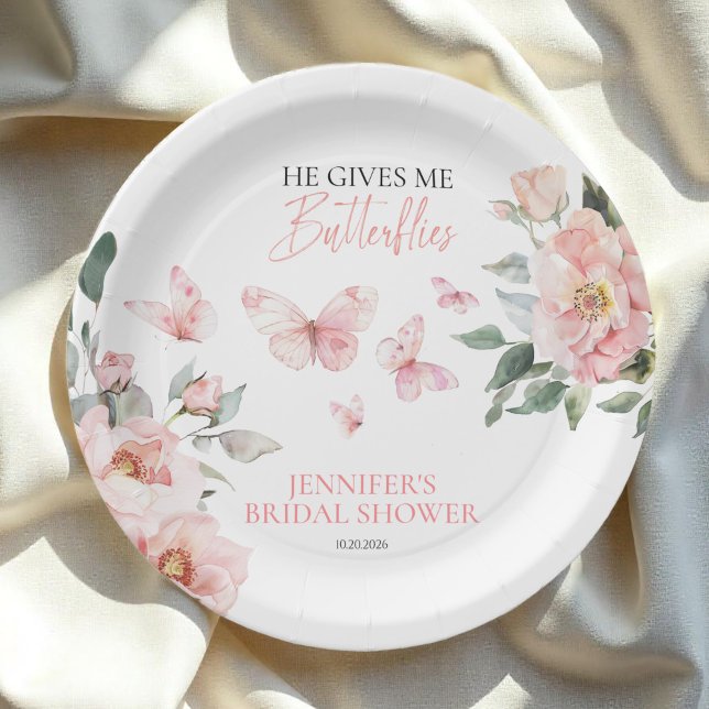 Butterflies Floral Pink Blush Bridal Shower Paper Plates (Creator Uploaded)