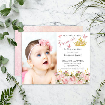 Butterflies Floral Princess Photo 1st Birthday Invitation by holidayhearts at Zazzle