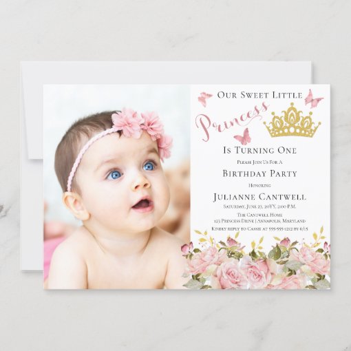 Butterflies Floral Princess Photo 1st Birthday Invitation | Zazzle