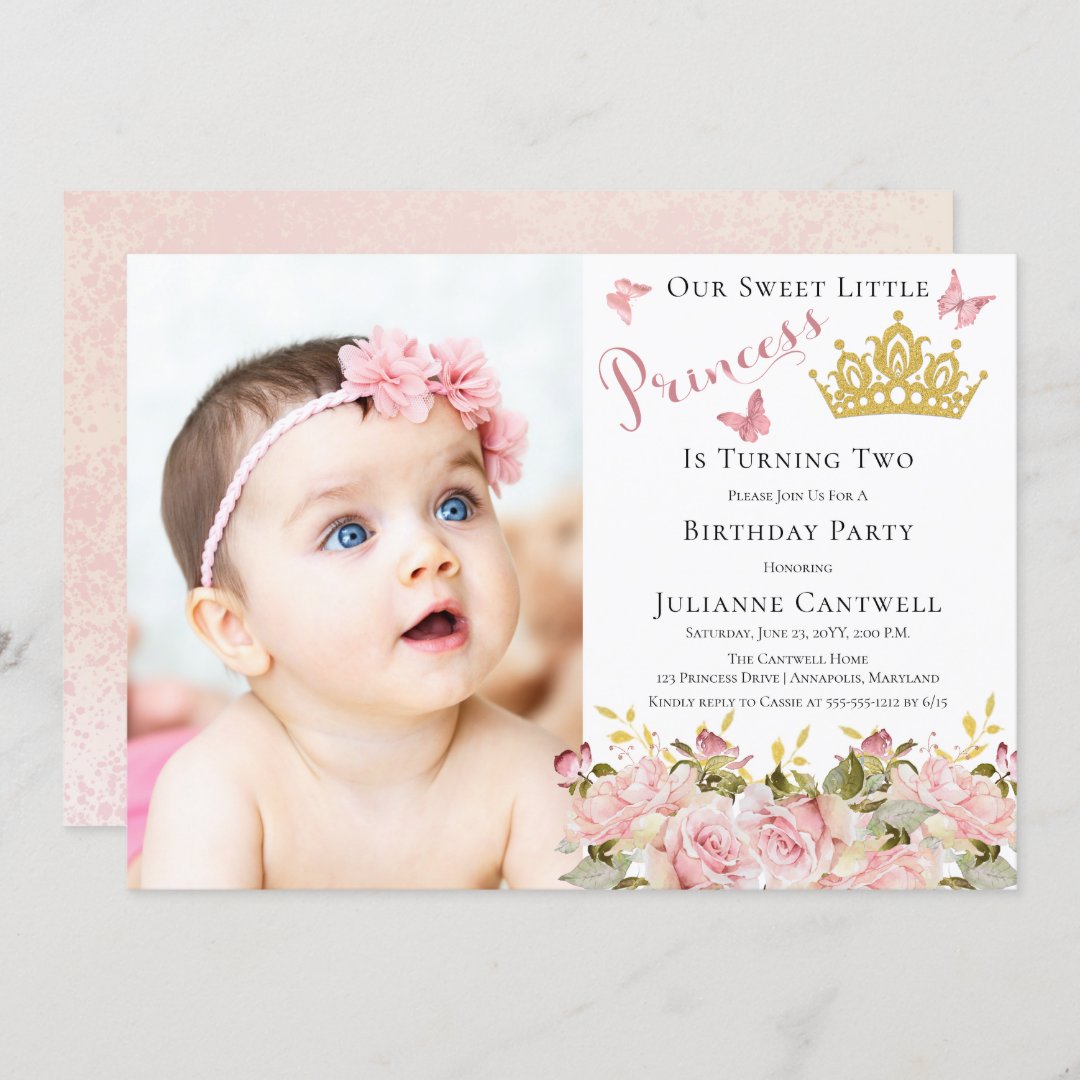 Butterflies Floral Princess Photo 2nd Birthday Invitation | Zazzle