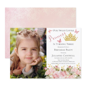 Butterflies Floral Princess Photo 3rd Birthday Invitation