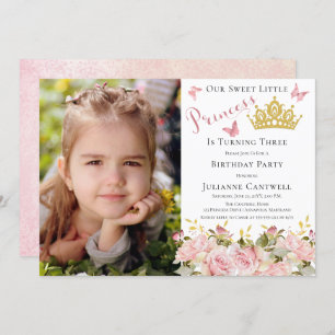 Butterflies Floral Princess Photo 3rd Birthday Invitation