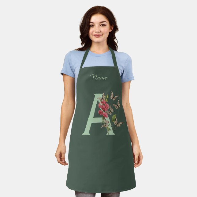 Butterflies Flower Monogram Initial A Personalized Apron (Worn)