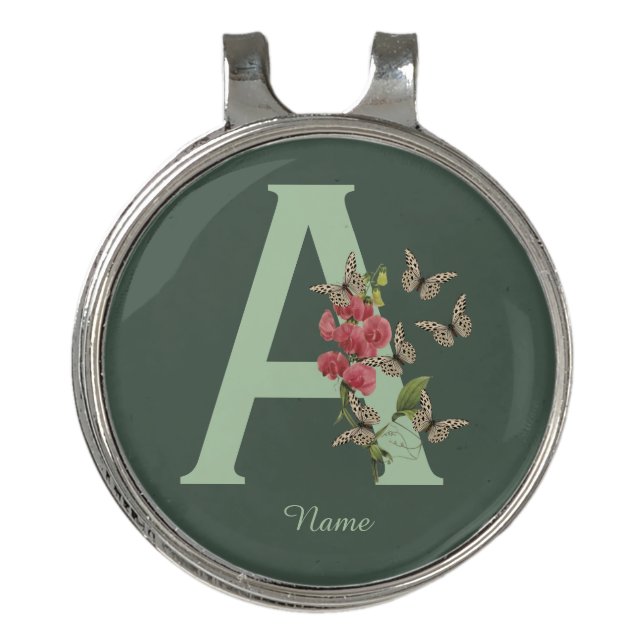 Butterflies Flower Monogram Initial A Personalized Golf Hat Clip (Front)