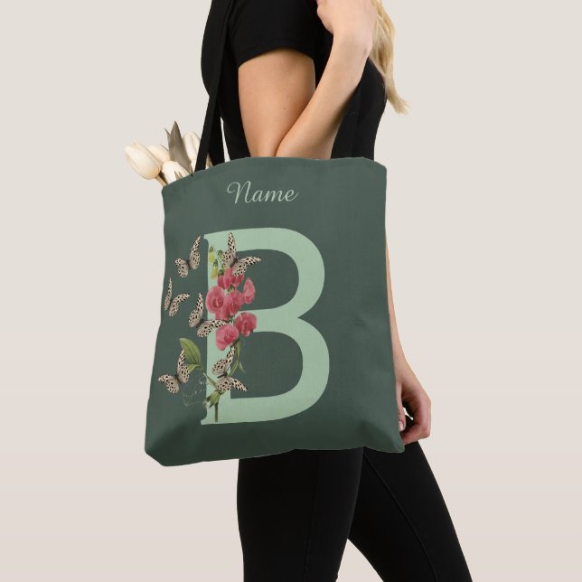 Butterflies Flower Monogram Initial B Personalized Tote Bag (Close Up)