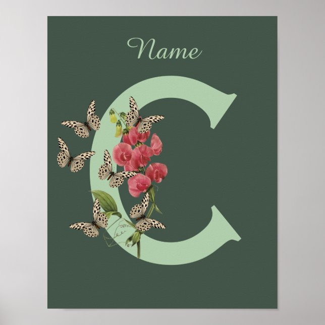 Butterflies Flower Monogram Initial C Personalized Poster (Front)