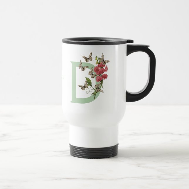 Butterflies Flower Monogram Initial D Personalized Travel Mug (Right)