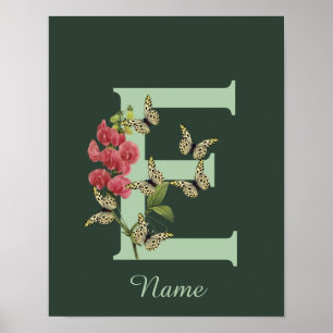 Butterflies Flower Monogram Initial E Personalized Poster