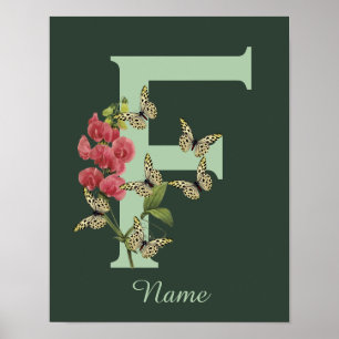 Butterflies Flower Monogram Initial F Personalized Poster