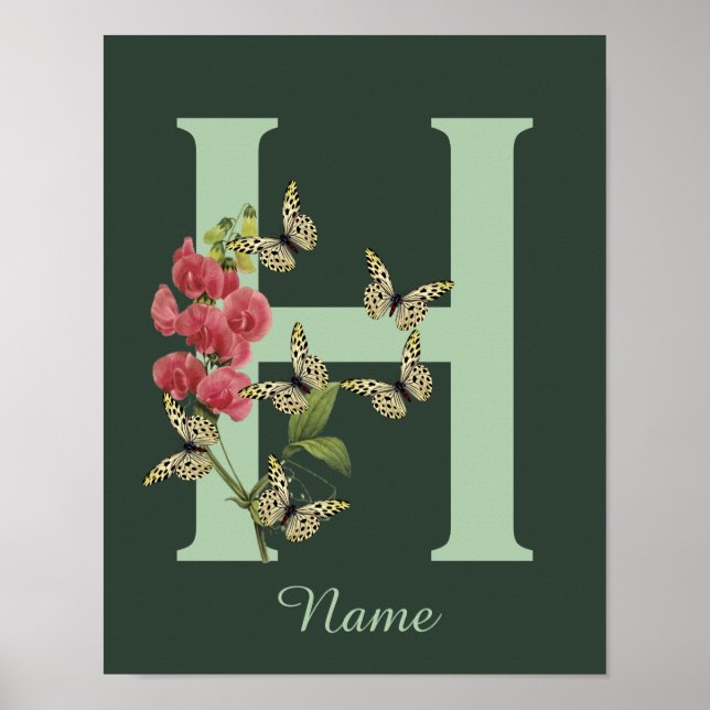 Butterflies Flower Monogram Initial H Personalized Poster (Front)
