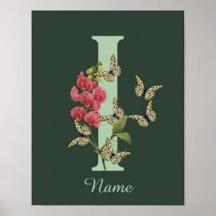 Butterflies Flower Monogram Initial I Personalized Poster