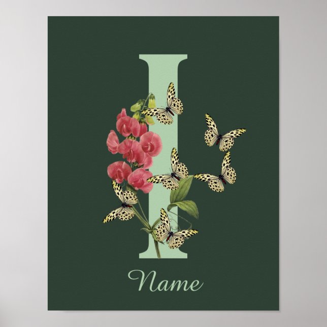 Butterflies Flower Monogram Initial I Personalized Poster (Front)