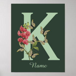 Butterflies Flower Monogram Initial K Personalized Poster