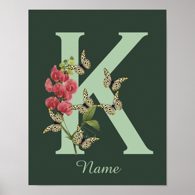 Butterflies Flower Monogram Initial K Personalized Poster (Front)
