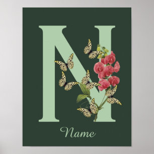 Butterflies Flower Monogram Initial N Personalized Poster
