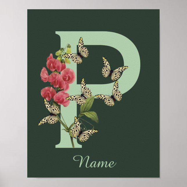 Butterflies Flower Monogram Initial P Personalized Poster (Front)