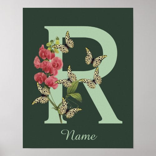 Butterflies Flower Monogram Initial R Personalized Poster