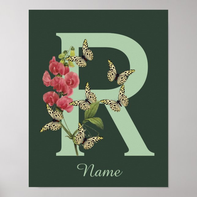 Butterflies Flower Monogram Initial R Personalized Poster (Front)