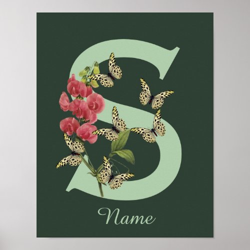 Butterflies Flower Monogram Initial S Personalized Poster