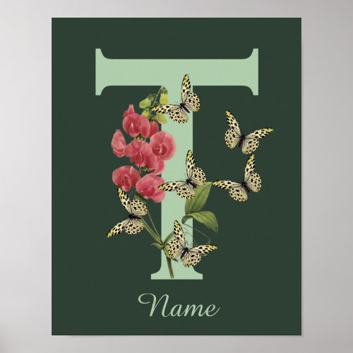 Butterflies Flower Monogram Initial T Personalized Poster