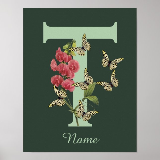 Butterflies Flower Monogram Initial T Personalized Poster (Front)
