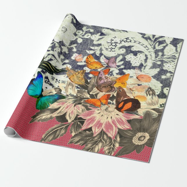BUTTERFLIES FLOWERS AND LACE PINK Wrapping Paper (Unrolled)