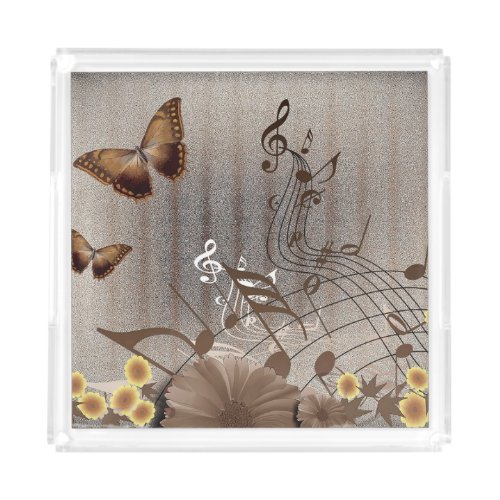 Butterflies Flowers and Music Notes Acrylic Tray