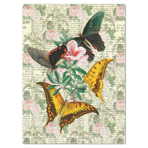 Butterflies Flowers and Newsprint Decoupage Tissue Paper