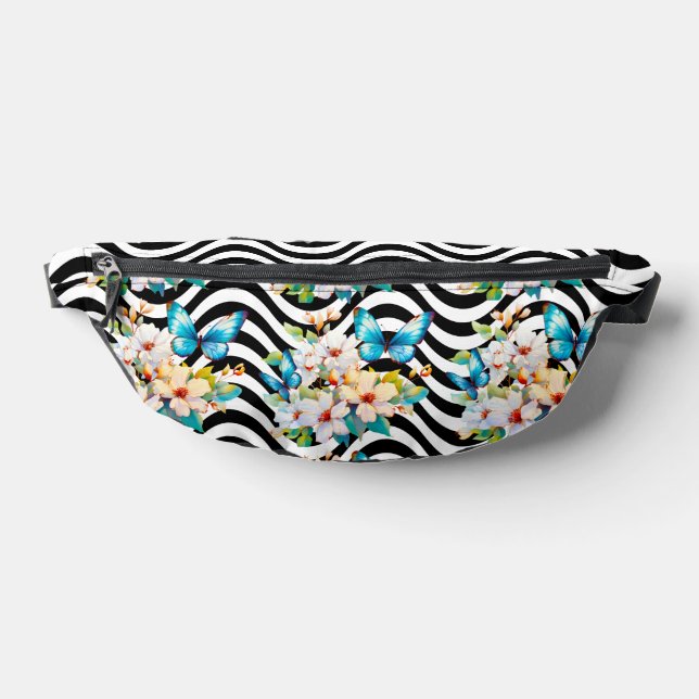 Butterflies Flowers Black & White Wavy Stripes Fanny Pack (Lay Down)