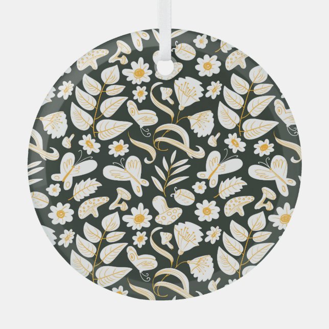 Butterflies & Flowers: Doodle Summer Pattern. Glass Ornament (Front)