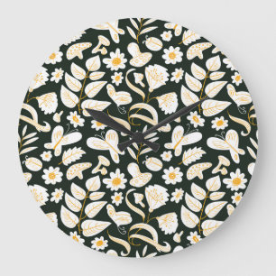 Butterflies & Flowers: Doodle Summer Pattern. Large Clock