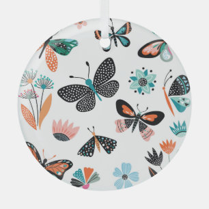 Butterflies Flowers: Hand Drawn Collection Glass Ornament
