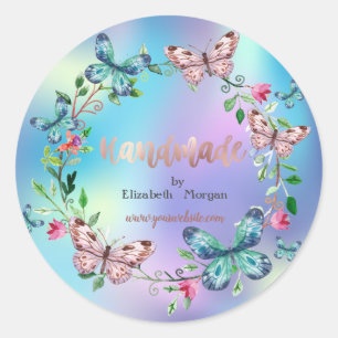 Butterflies,Flowers,Holographic,Handmade Classic Round Sticker