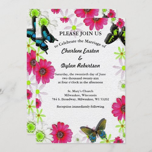 Butterflies  Flowers in Mosaic Add Couple Photo Invitation