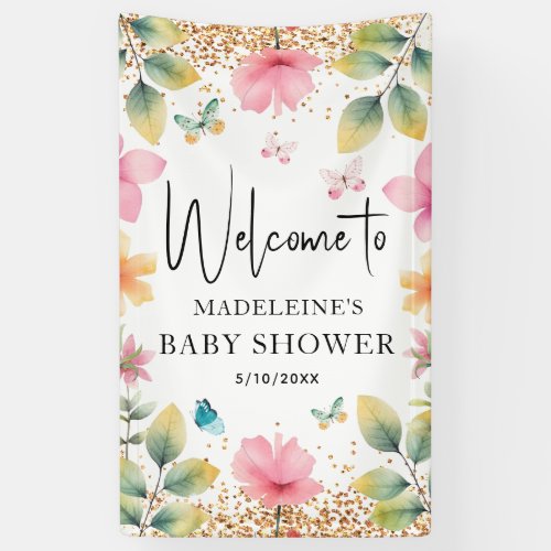Butterflies Flowers Pink Baby Shower Welcome Banner