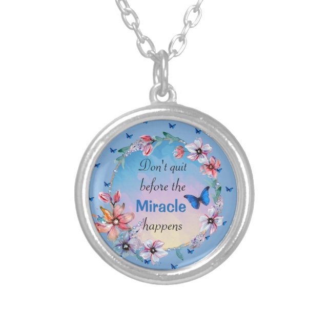 Butterflies & Flowers Positive Mindset Quote Silver Plated Necklace (Front)