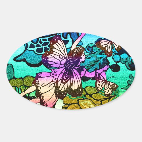 Butterflies Flowers Rainbow Angel Oval Sticker